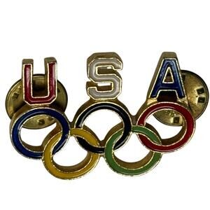 Vintage 80s USA Olympic Rings Enamel Brooch Pin Gold Tone Patriotic